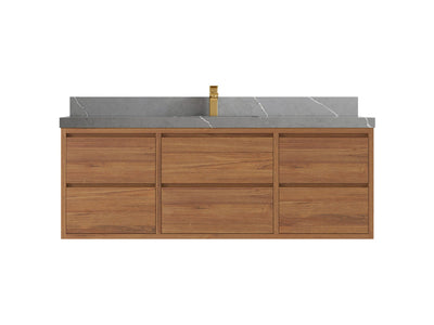Madison Floating Teak 60 in. W x 22 in. D Single Sink Bathroom Vanity in Dark Natural with 2 in Piatra Gray Quartz Countertop