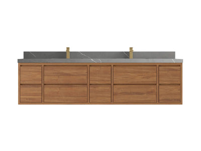 Madison Floating Teak 84 in. W x 22 in. D Double Sink Bathroom Vanity in Dark Natural with 2 in Piatra Gray Quartz Countertop
