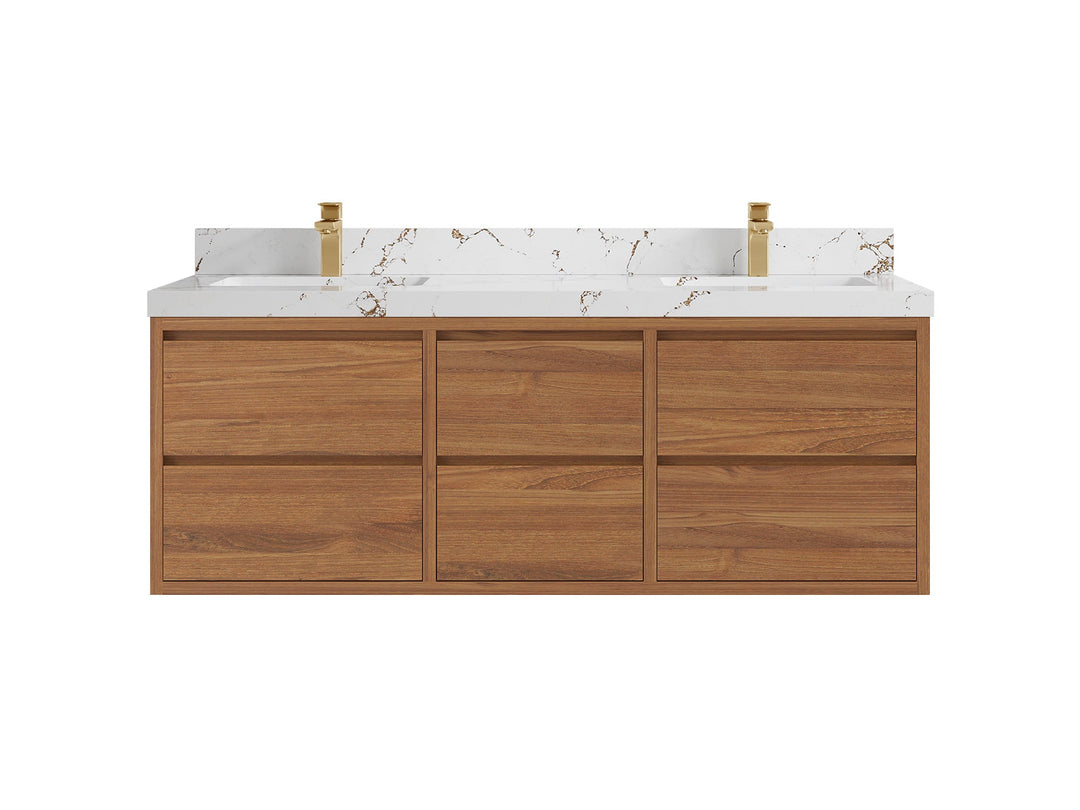 Madison Floating Teak 60 in. W x 22 in. D Double Sink Bathroom Vanity in Dark Natural with 2 in Viola Brown Quartz Countertop 