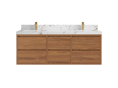 Madison Floating Teak 60 in. W x 22 in. D Double Sink Bathroom Vanity in Dark Natural with 2 in Viola Brown Quartz Countertop