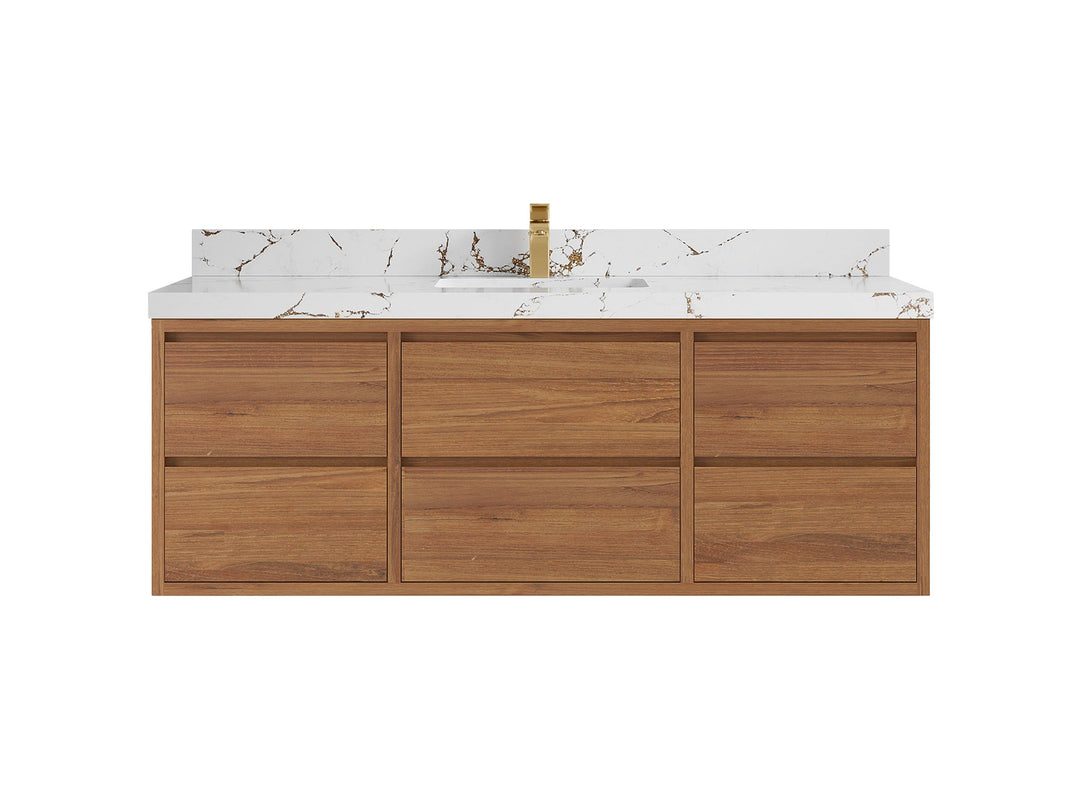 Madison Floating Teak 60 in. W x 22 in. D Single Sink Bathroom Vanity in Dark Natural with 2 in Viola Brown Quartz Countertop 
