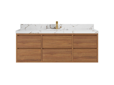 Madison Floating Teak 60 in. W x 22 in. D Single Sink Bathroom Vanity in Dark Natural with 2 in Viola Brown Quartz Countertop