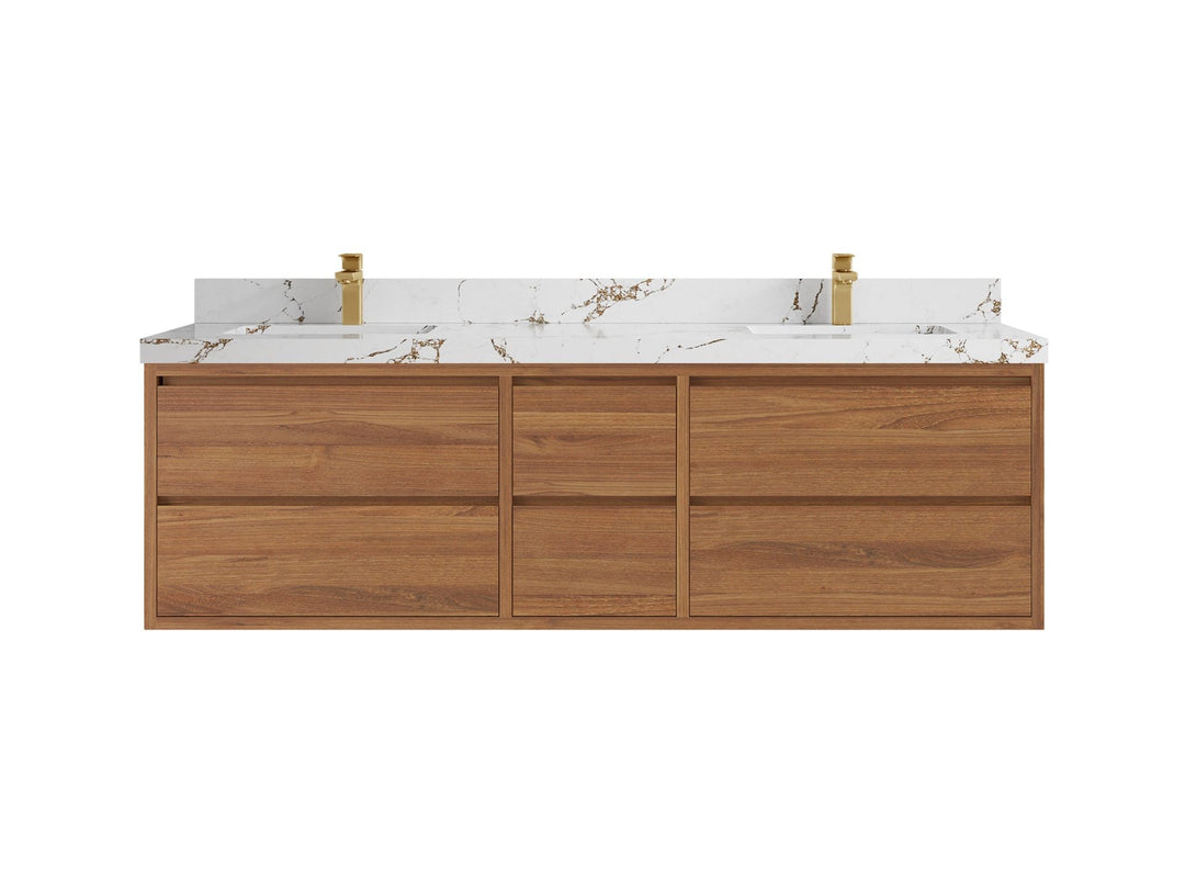 Madison Floating Teak 72 in. W x 22 in. D Double Sink Bathroom Vanity in Dark Natural with 2 in Viola Brown Quartz Countertop 