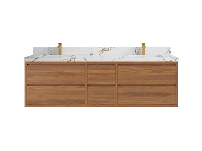 Madison Floating Teak 72 in. W x 22 in. D Double Sink Bathroom Vanity in Dark Natural with 2 in Viola Brown Quartz Countertop