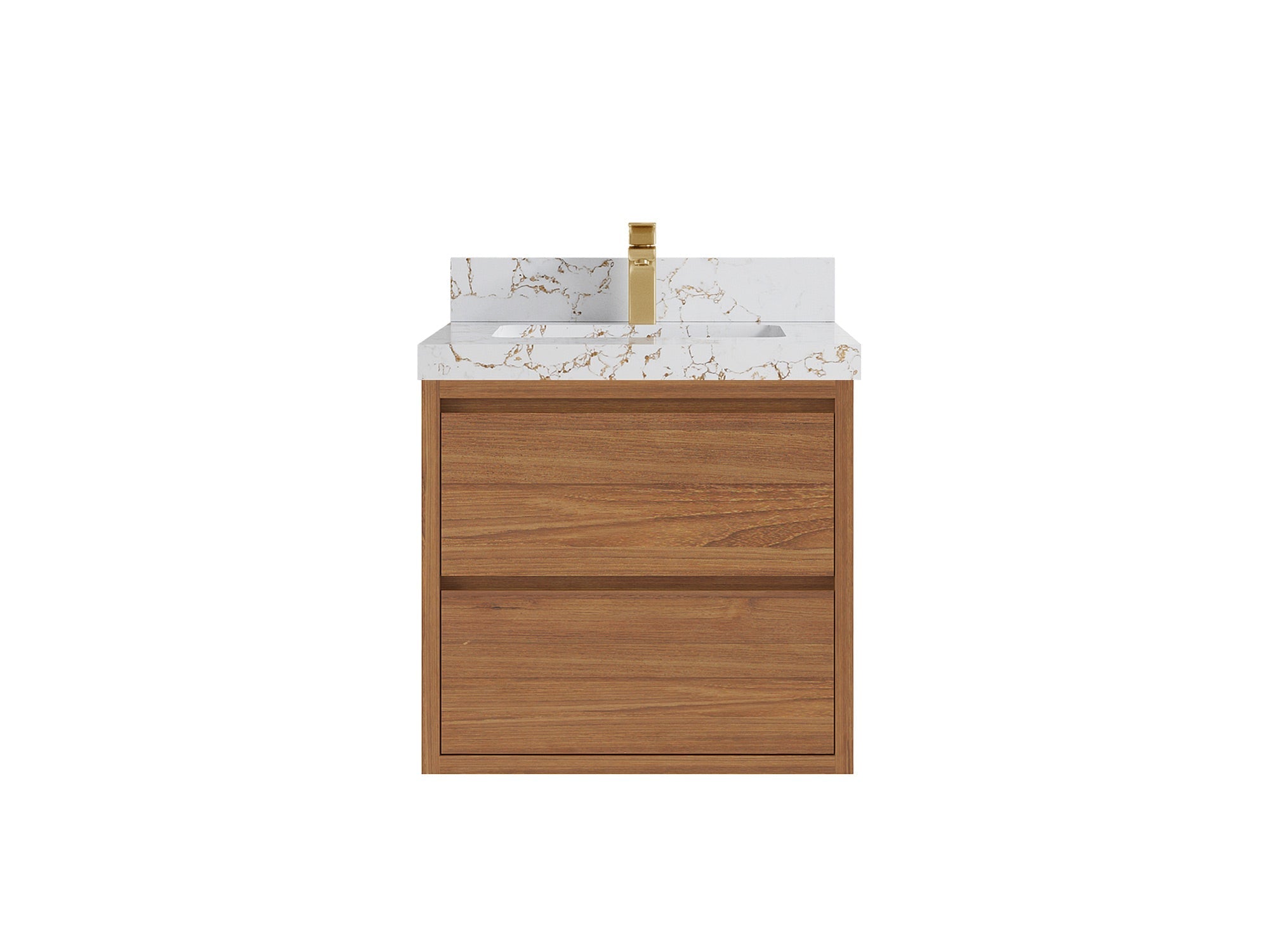 Madison Floating Teak 24 in. W x 22 in. D Single Sink Bathroom Vanity in Dark Natural with 2 in Viola Gold Quartz Countertop