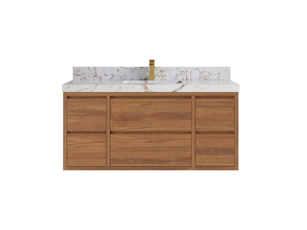 Madison Floating Teak 48 in. W x 22 in. D Single Sink Bathroom Vanity in Dark Natural with 2 in Viola Gold Quartz Countertop 