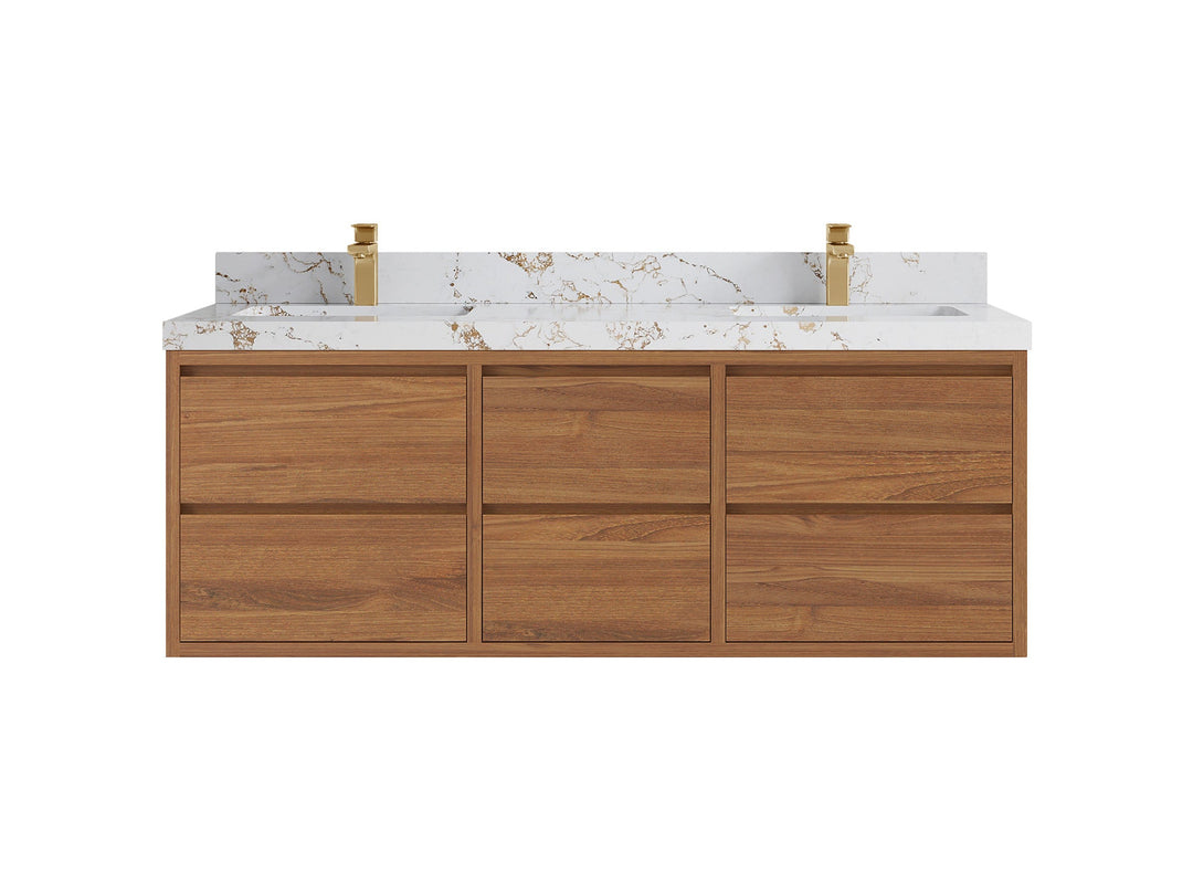 Madison Floating Teak 60 in. W x 22 in. D Double Sink Bathroom Vanity in Dark Natural with 2 in Viola Gold Quartz Countertop 