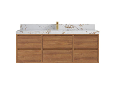 Madison Floating Teak 60 in. W x 22 in. D Single Sink Bathroom Vanity in Dark Natural with 2 in Viola Gold Quartz Countertop