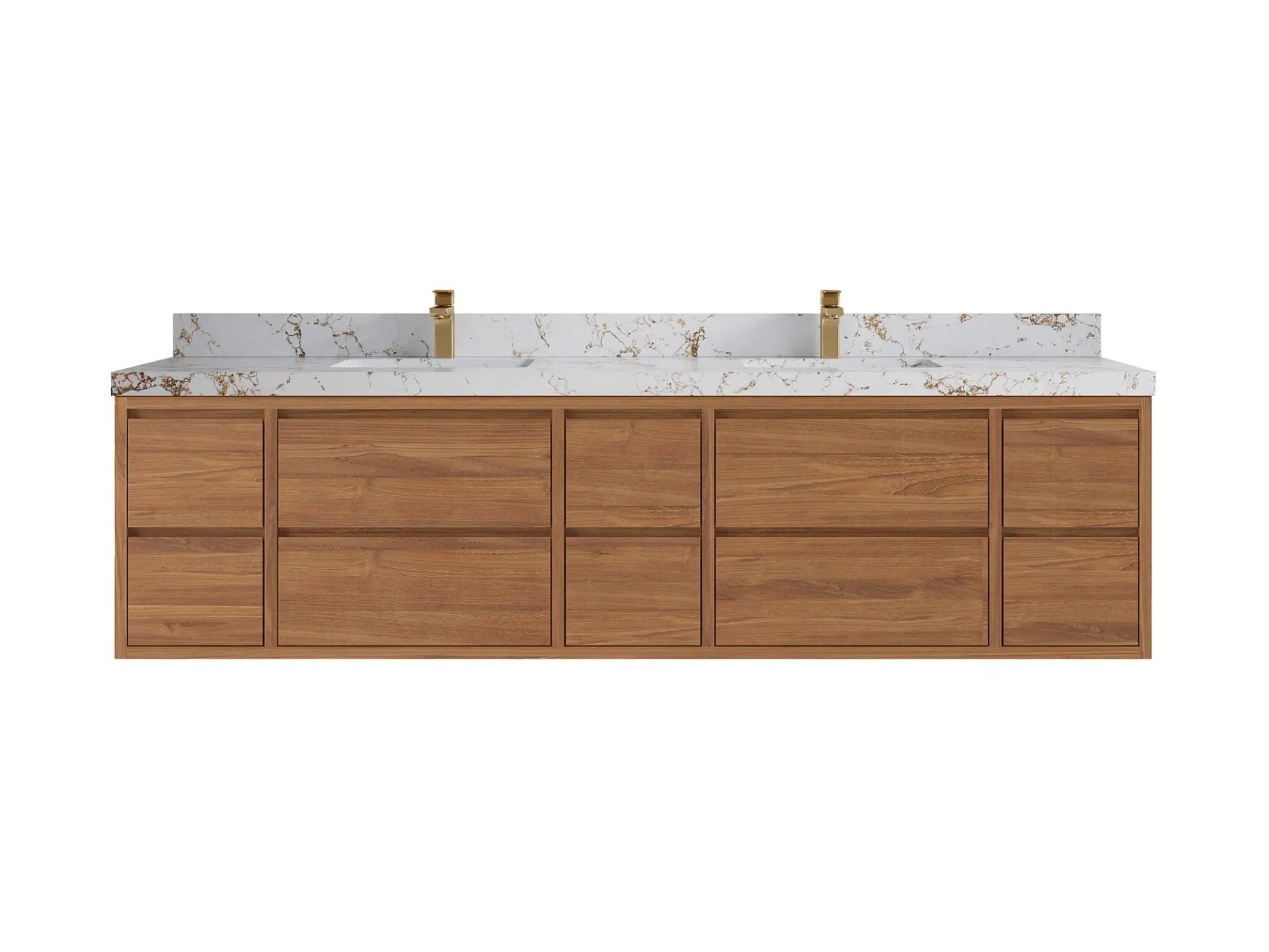 Madison Floating Teak 84 in. W x 22 in. D Double Sink Bathroom Vanity in Dark Natural with 2 in Viola Gold Quartz Countertop