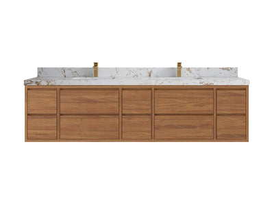 Madison Floating Teak 84 in. W x 22 in. D Double Sink Bathroom Vanity in Dark Natural with 2 in Viola Gold Quartz Countertop