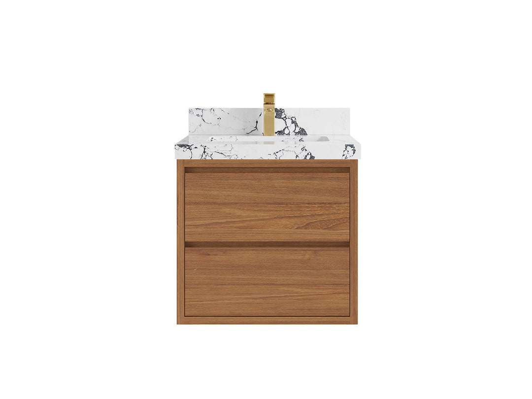 Madison Floating Teak 24 in. W x 22 in. D Single Sink Bathroom Vanity in Dark Natural with 2 in Viola Night Quartz Countertop 