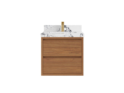 Madison Floating Teak 24 in. W x 22 in. D Single Sink Bathroom Vanity in Dark Natural with 2 in Viola Night Quartz Countertop