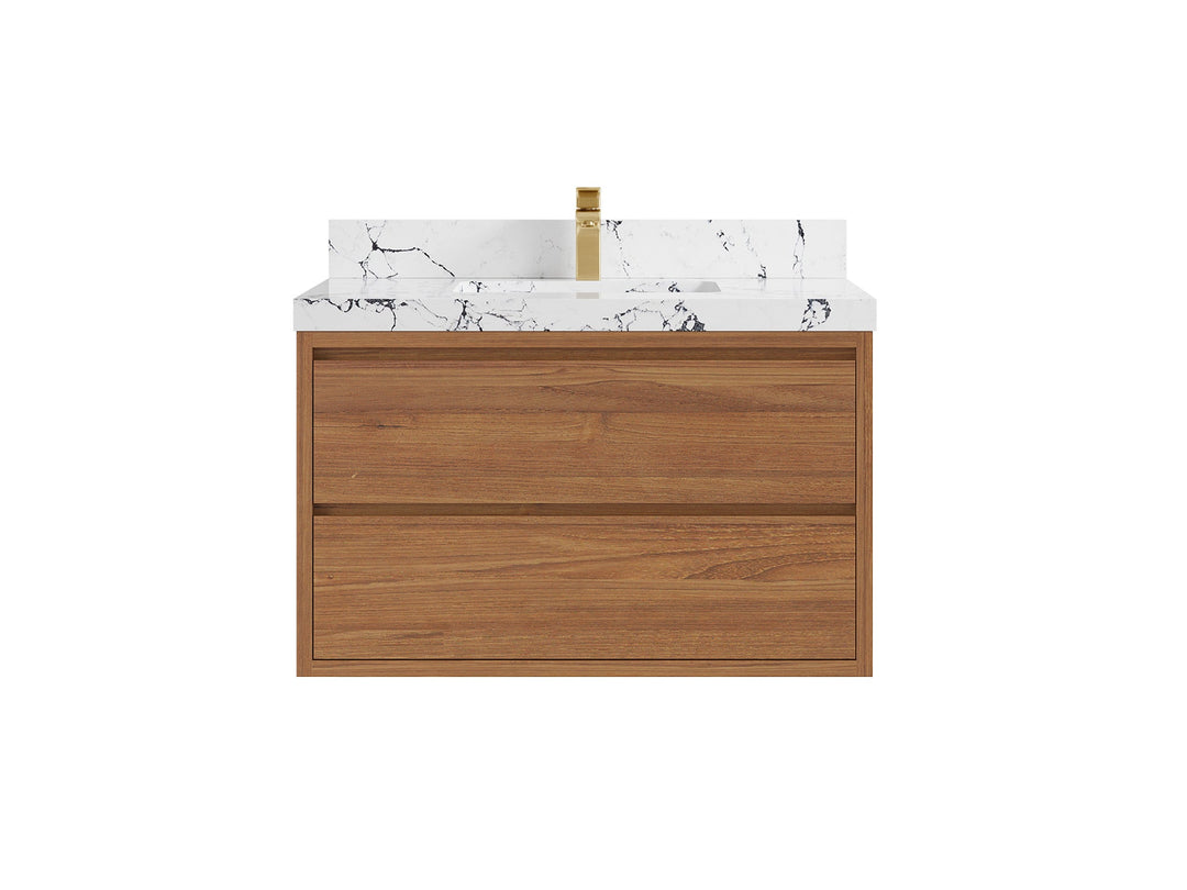 Madison Floating Teak 36 in. W x 22 in. D Single Sink Bathroom Vanity in Dark Natural with 2 in Viola Night Quartz Countertop 