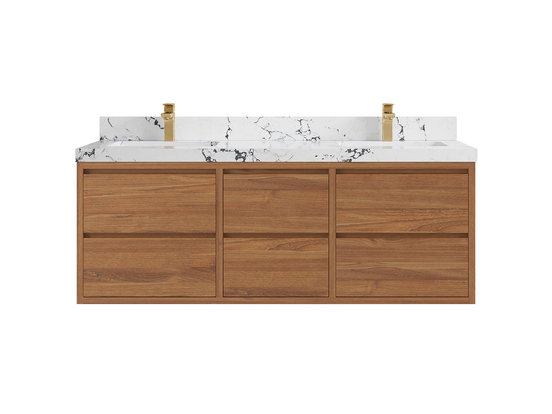 Madison Floating Teak 60 in. W x 22 in. D Double Sink Bathroom Vanity in Dark Natural with 2 in Viola Night Quartz Countertop 