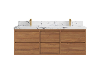 Madison Floating Teak 60 in. W x 22 in. D Double Sink Bathroom Vanity in Dark Natural with 2 in Viola Night Quartz Countertop