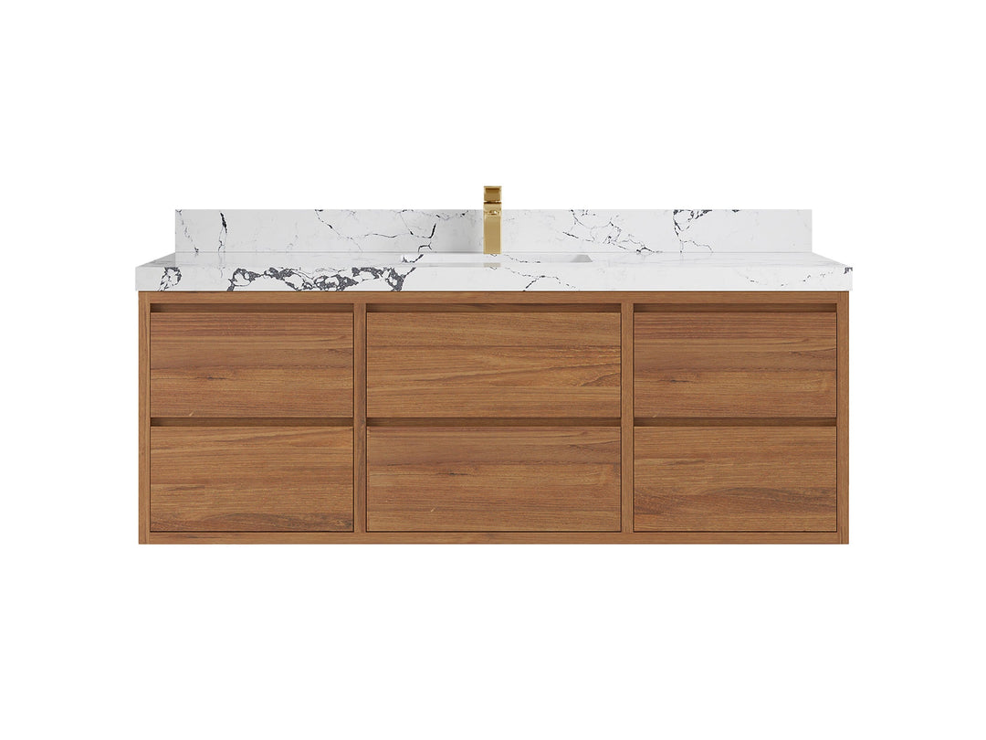 Madison Floating Teak 60 in. W x 22 in. D Single Sink Bathroom Vanity in Dark Natural with 2 in Viola Night Quartz Countertop 