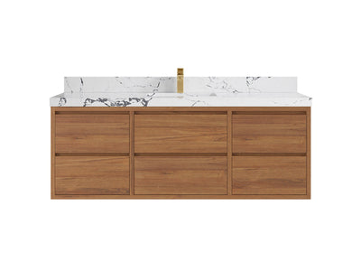 Madison Floating Teak 60 in. W x 22 in. D Single Sink Bathroom Vanity in Dark Natural with 2 in Viola Night Quartz Countertop