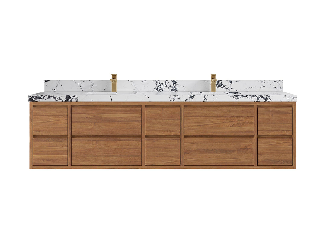 Madison Floating Teak 84 in. W x 22 in. D Double Sink Bathroom Vanity in Dark Natural with 2 in Viola Night Quartz Countertop 