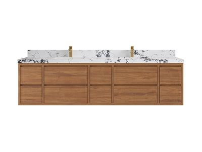 Madison Floating Teak 84 in. W x 22 in. D Double Sink Bathroom Vanity in Dark Natural with 2 in Viola Night Quartz Countertop