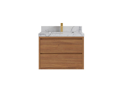 Madison Floating Teak 30 in. W x 22 in. D Single Sink Bathroom Vanity in Dark Natural with 2 in Venatino Quartz Countertop