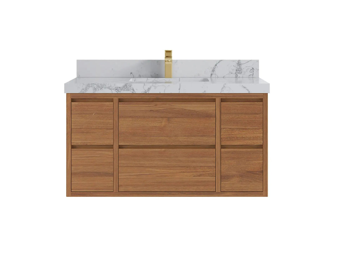 Madison Floating Teak 42 in. W x 22 in. D Single Sink Bathroom Vanity in Dark Natural with 2 in Venatino Quartz Countertop