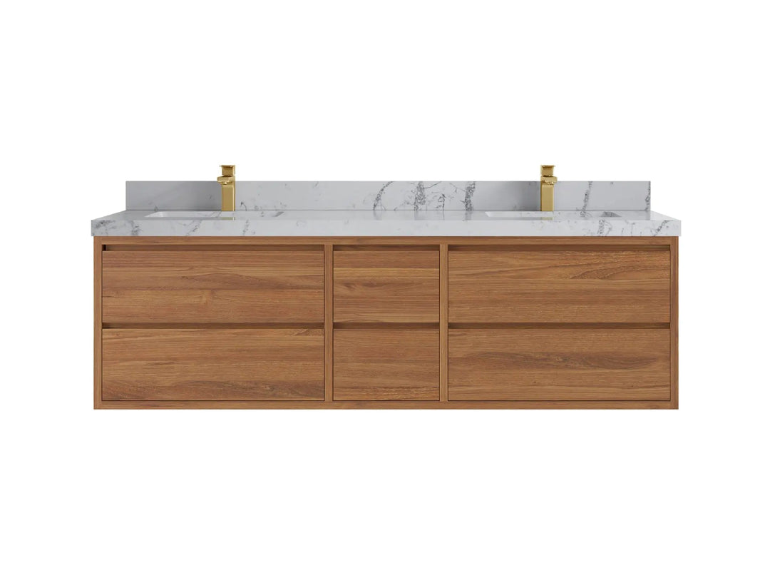 Madison Floating Teak 72 in. W x 22 in. D Double Sink Bathroom Vanity in Dark Natural with 2 in Venatino Quartz Countertop