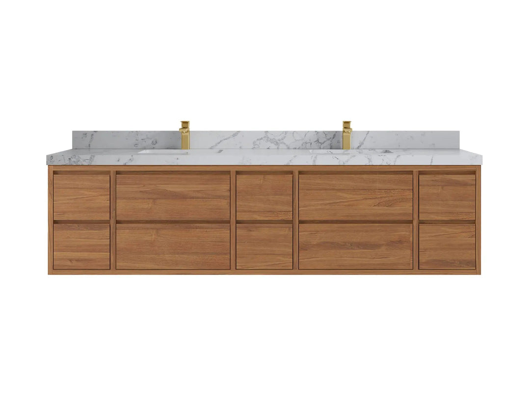 Madison Floating Teak 84 in. W x 22 in. D Double Sink Bathroom Vanity in Dark Natural with 2 in Venatino Quartz Countertop