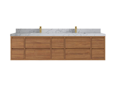 Madison Floating Teak 84 in. W x 22 in. D Double Sink Bathroom Vanity in Dark Natural with 2 in Venatino Quartz Countertop