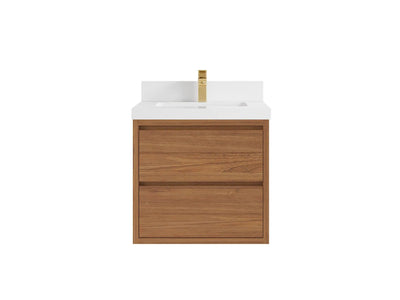 Madison Floating Teak 24 in. W x 22 in. D Single Sink Bathroom Vanity in Dark Natural with 2 in White Quartz Countertop