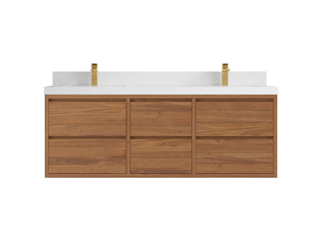Madison Floating Teak 60 in. W x 22 in. D Double Sink Bathroom Vanity in Dark Natural with 2 in White Quartz Countertop 