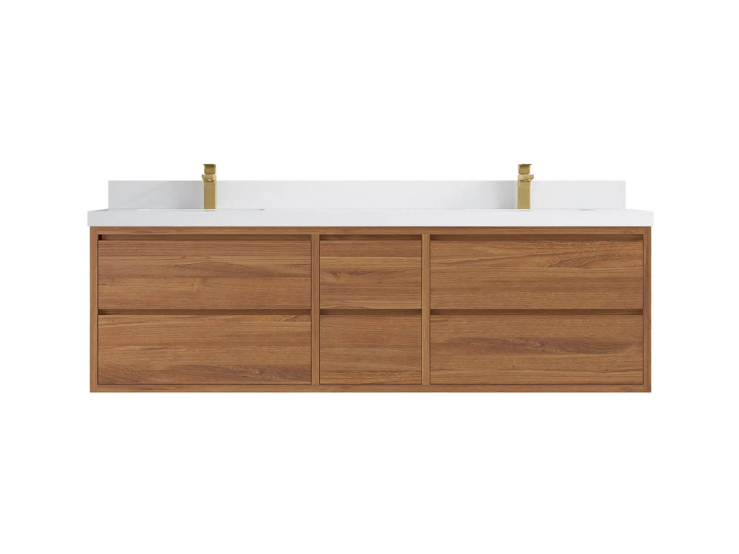 Madison Floating Teak 72 in. W x 22 in. D Double Sink Bathroom Vanity in Dark Natural with 2 in White Quartz Countertop 