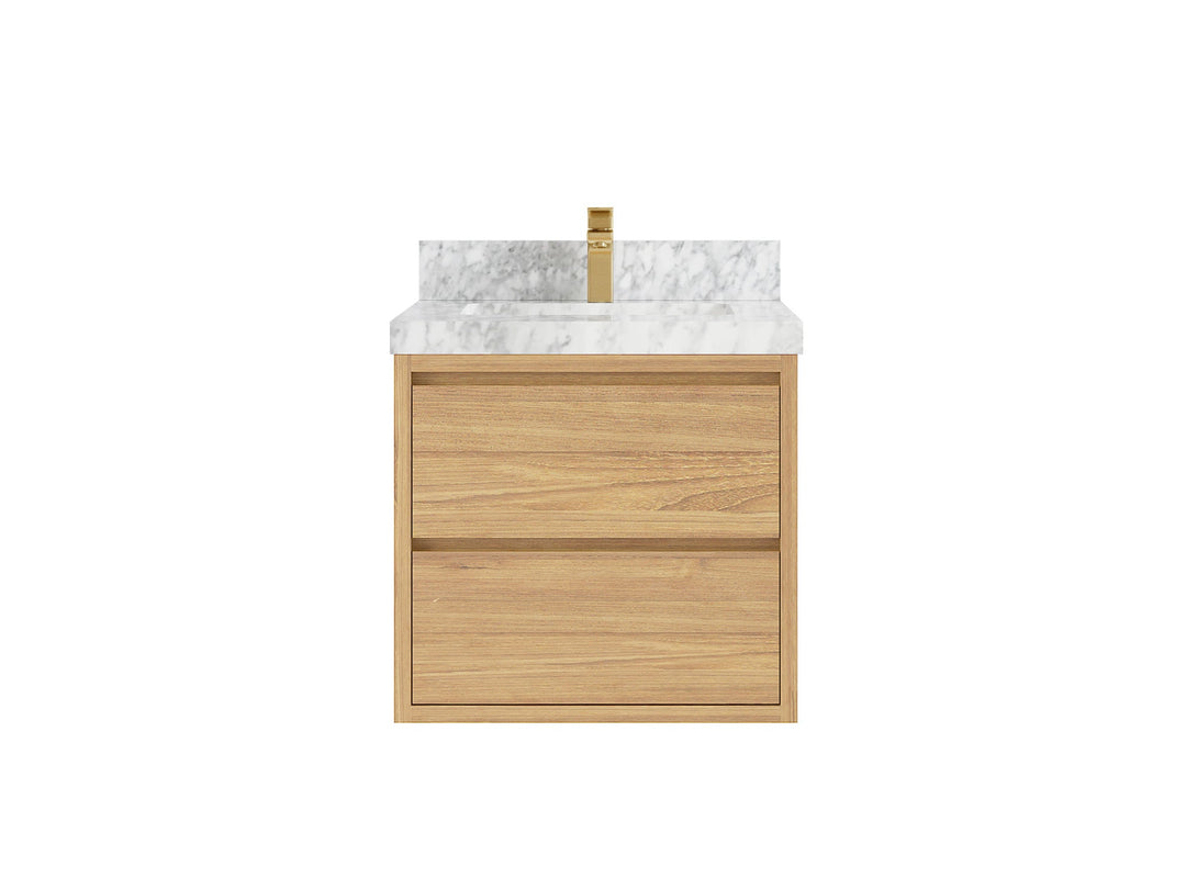 Madison Floating Teak 24 in. W x 22 in. D Single Sink Bathroom Vanity in Light Natural with 2 in Carrara Marble Countertop