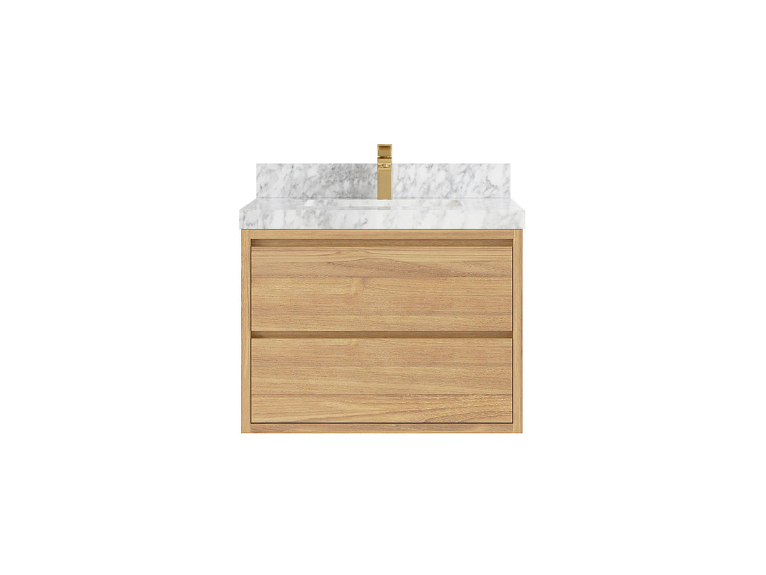 Madison Floating Teak 30 in. W x 22 in. D Single Sink Bathroom Vanity in Light Natural with 2 in Carrara Marble Countertop