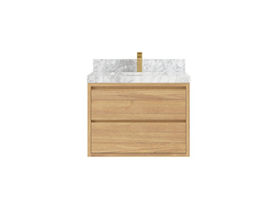 Madison Floating Teak 30 in. W x 22 in. D Single Sink Bathroom Vanity in Light Natural with 2 in Carrara Marble Countertop