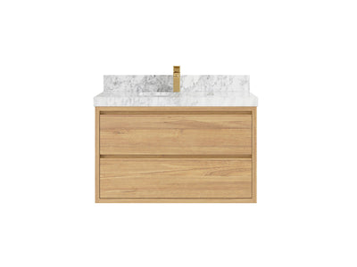 Madison Floating Teak 36 in. W x 22 in. D Single Sink Bathroom Vanity in Light Natural with 2 in Carrara Marble Countertop