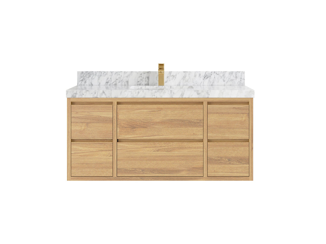 Madison Floating Teak 48 in. W x 22 in. D Single Sink Bathroom Vanity in Light Natural with 2 in Carrara Marble Countertop