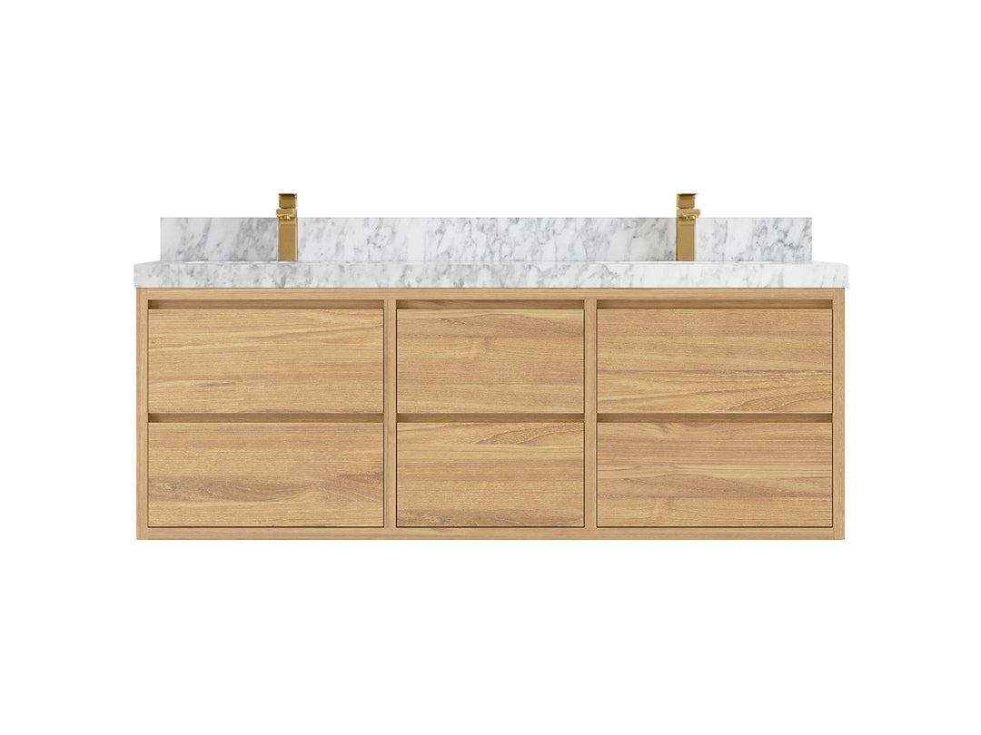 Madison Floating Teak 60 in. W x 22 in. D Double Sink Bathroom Vanity in Light Natural with 2 in Carrara Marble Countertop