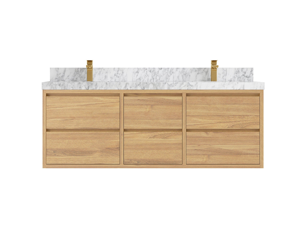 Madison Floating Teak 60 in. W x 22 in. D Double Sink Bathroom Vanity in Light Natural with 2 in Carrara Marble Countertop