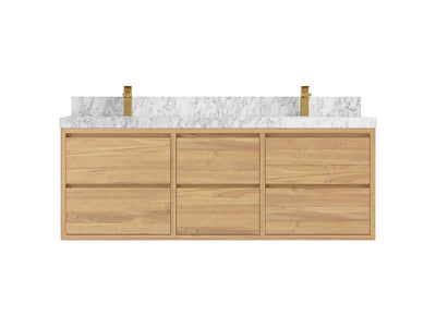 Madison Floating Teak 60 in. W x 22 in. D Double Sink Bathroom Vanity in Light Natural with 2 in Carrara Marble Countertop