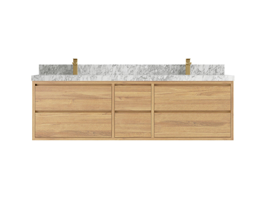 Madison Floating Teak 72 in. W x 22 in. D Double Sink Bathroom Vanity in Light Natural with 2 in Carrara Marble Countertop