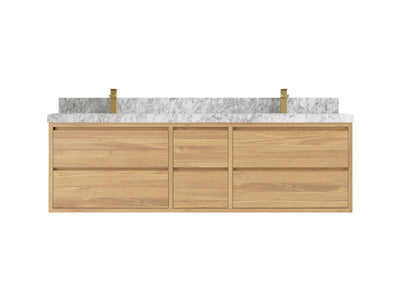 Madison Floating Teak 72 in. W x 22 in. D Double Sink Bathroom Vanity in Light Natural with 2 in Carrara Marble Countertop