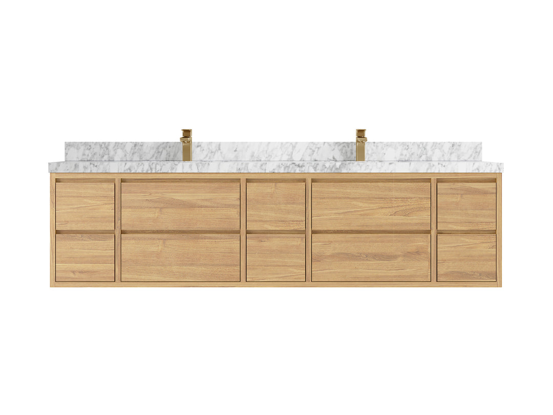 Madison Floating Teak 84 in. W x 22 in. D Double Sink Bathroom Vanity in Light Natural with 2 in Carrara Marble Countertop