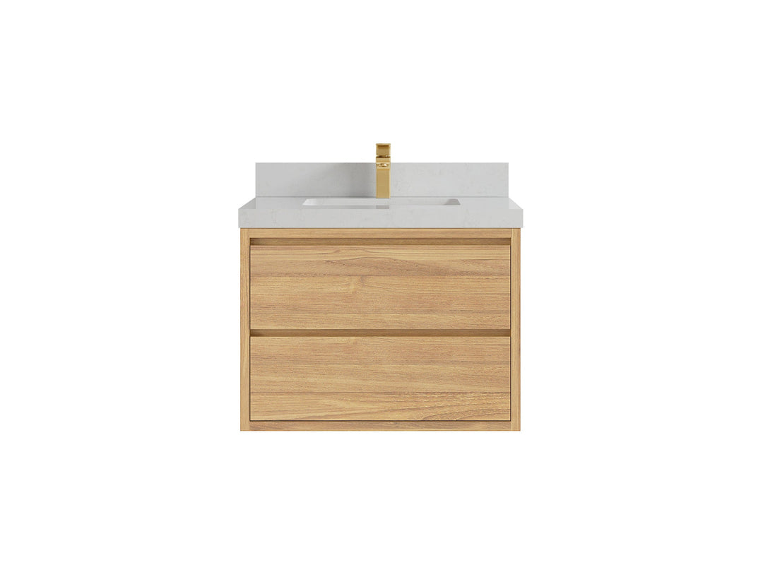 Madison Floating Teak 30 in. W x 22 in. D Single Sink Bathroom Vanity in Light Natural with 2 in Carrara Quartz Countertop