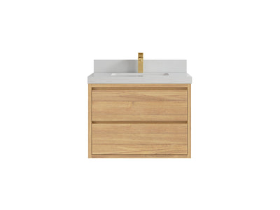 Madison Floating Teak 30 in. W x 22 in. D Single Sink Bathroom Vanity in Light Natural with 2 in Carrara Quartz Countertop