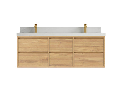 Madison Floating Teak 60 in. W x 22 in. D Double Sink Bathroom Vanity in Light Natural with 2 in Carrara Quartz Countertop
