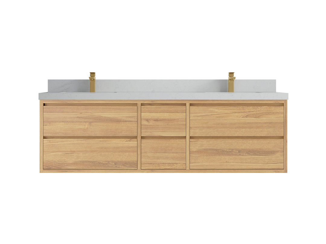 Madison Floating Teak 72 in. W x 22 in. D Double Sink Bathroom Vanity in Light Natural with 2 in Carrara Quartz Countertop