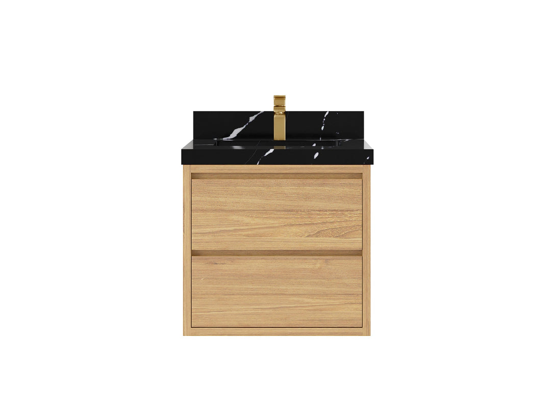 Madison Floating Teak 24 in. W x 22 in. D Single Sink Bathroom Vanity in Light Natural with 2 in Calacatta Black Quartz Countertop
