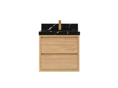 Madison Floating Teak 24 in. W x 22 in. D Single Sink Bathroom Vanity in Light Natural with 2 in Calacatta Black Quartz Countertop