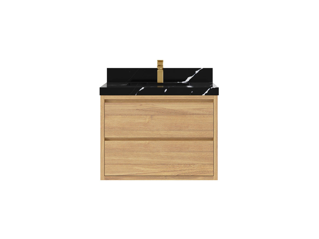Madison Floating Teak 30 in. W x 22 in. D Single Sink Bathroom Vanity in Light Natural with 2 in Calacatta Black Quartz Countertop