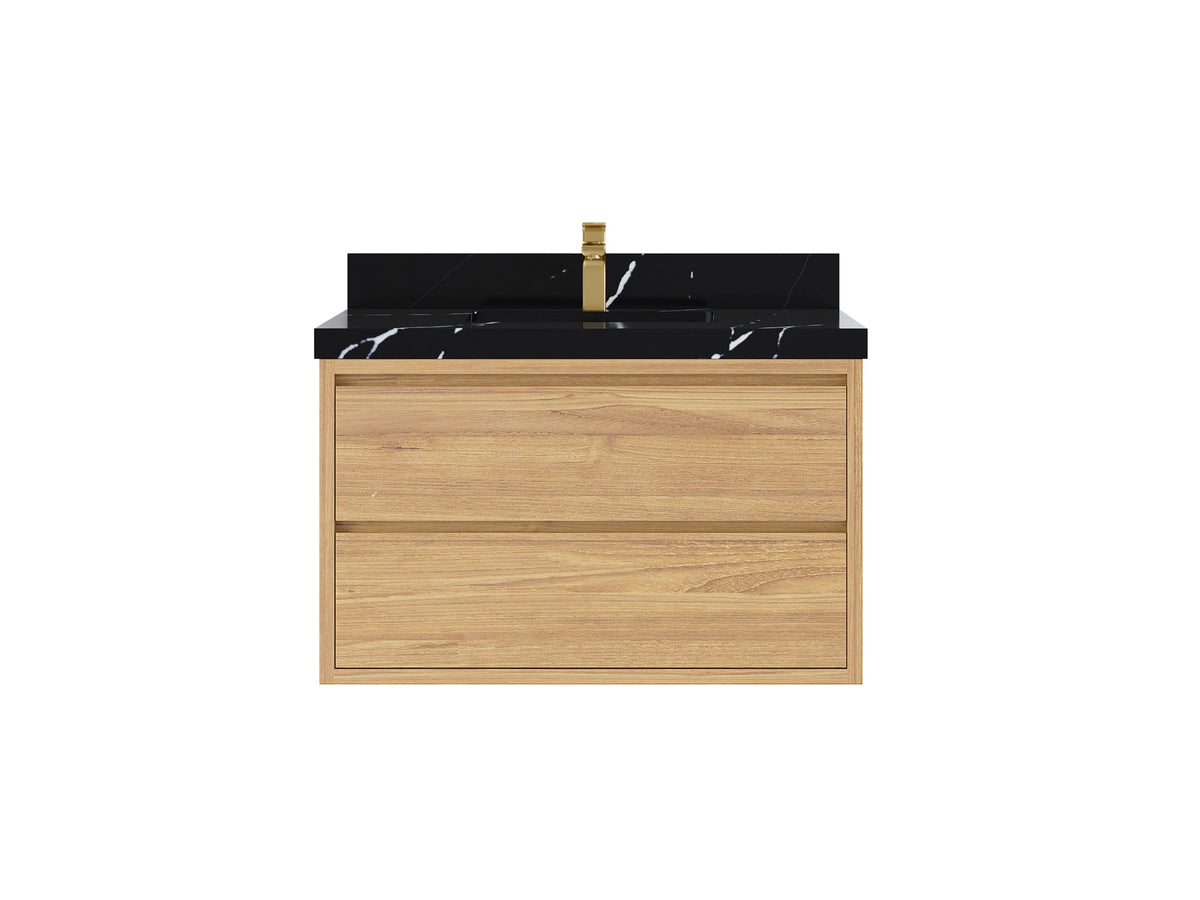 Madison Floating Teak 36 in. W x 22 in. D Single Sink Bathroom Vanity in Light Natural with 2 in Calacatta Black Quartz Countertop